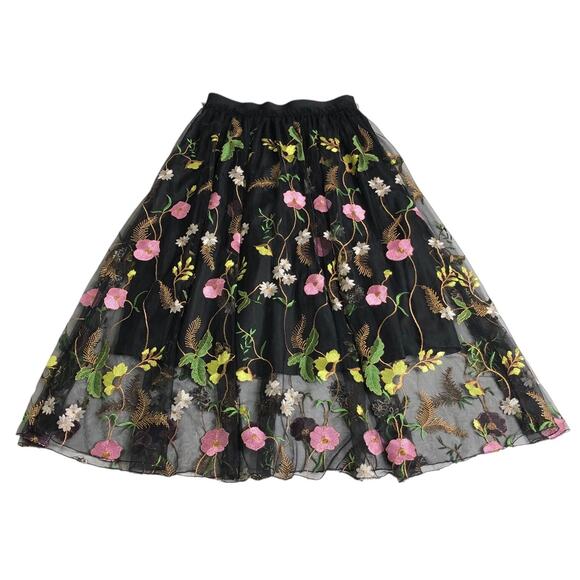 H&M Skirt Womens 8 Black Mesh Floral Embroidery Lined Boho Cottagecore Coquette‎ - Picture 1 of 16